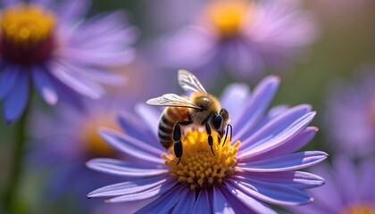 Close-up macro shot of bee collecting nectar from blue aster flower in autumn garden. Fuzzy bee with striped body, transparent wings on purple Sapphire Mist petals. Soft focus background highlights
