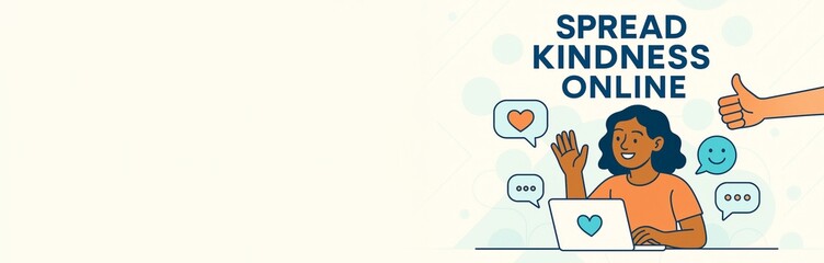 Cartoon woman spreading kindness online with chat icons and laptop on abstract light background with copyspace for poster or banner template. Ai generative