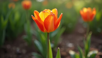 Single radiant orange tulip blossom glows with sunlight in tranquil garden. Fresh vibrant flower, captured in close-up detail, represents spring beauty, growth. Green foliage, soft bokeh background