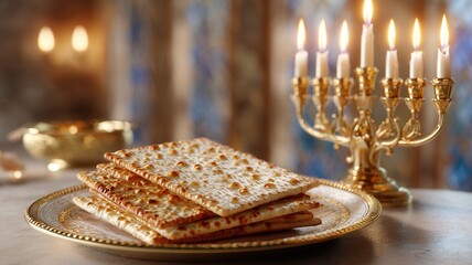 Matzah resting near glowing menorah, highlighting traditional passover rituals and cultural jewish significance of holiday commemorations