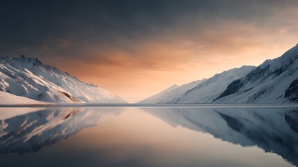 A dramatic alpine lake scene with warm evening light reflecting off snow-capped peaks