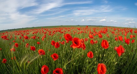 Fototapeta premium A vast field of vibrant red poppies stretches under a clear summer sky, with soft, fluffy white clouds scattered across the azure blue.