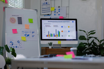 Desktop Computer Monitor with Finance Statistical Data a white-screen mockup for display your graphic is on a white desk in a modern bright living room.	