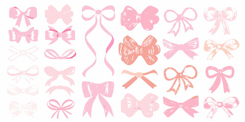 Assortment of Pink and Peach Hand Drawn Bows and Ribbons vector illustration