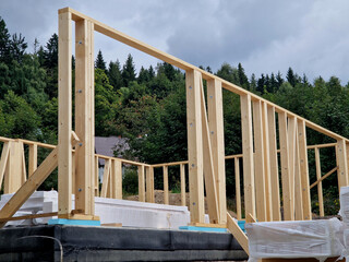 Extension of a family house, cubic shape modern with a flat roof and large windows and a terrace. wooden frame on which will be insulation and cladding. ecological renewable houses