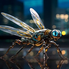 Fototapeta premium Macro photography of glowing futuristic fly insect, symbolizing nature, technology, innovation and surrealism, a decorative entomology artwork merging insect study with futuristic sci-fi illustration