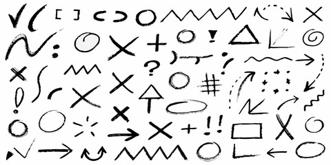 Collection of Hand Drawn Black Grunge Symbols and Arrows on White Background check mark