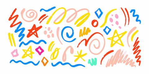 Colorful Abstract Hand Drawn Scribbles Stars Waves and Dots on White background blue