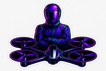 Futuristic drone pilot in sleek design wearing a reflective helmet with purple neon elements showcasing advanced technology and the essence of digital innovation captured in a striking