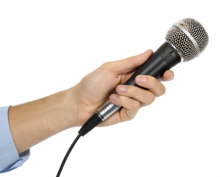 Hand holding a black microphone with a silver grille and cable on a transparent background audio sound isolated on a transparent background - Powered by Adobe