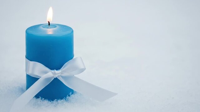 A blue candle with a white ribbon burning brightly on a white surface with a soft light effect