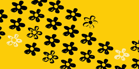 Yellow background with scattered black and white stylized flowers floral