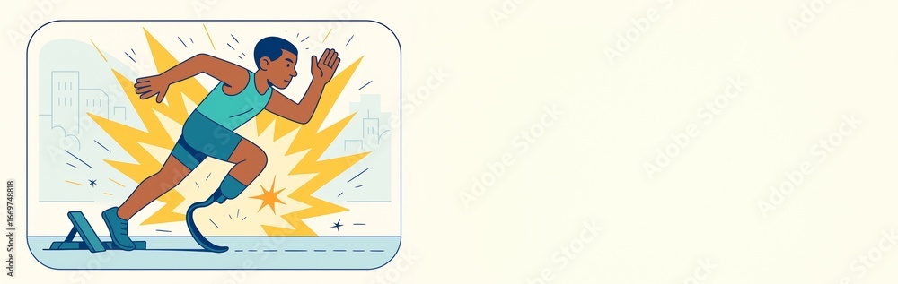 Poster athlete sprinting from starting blocks with explosive energy on left side, clean empty space on righ