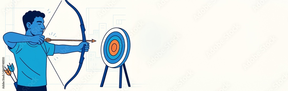 Poster archer aiming at target with bow and arrow on light background with copyspace, concept of focus and 