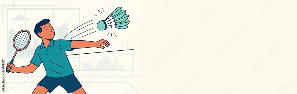 Poster cartoon of badminton player hitting shuttlecock with racket on light background with empty copy spac