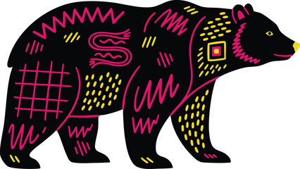 Decorative Vibrant Neon Black Tribal bear Silhouette with Geometric Patterns Stickers