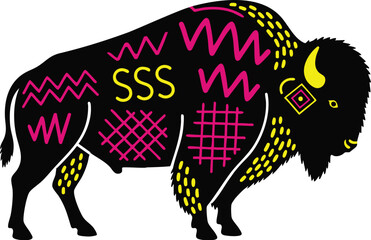 Decorative Vibrant Neon Black Tribal Bison Silhouette with Geometric Patterns Stickers