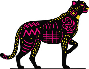 Decorative Vibrant Neon Black Tribal Cheetah Silhouette with Geometric Patterns Stickers