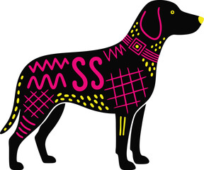 Decorative Vibrant Neon Black Tribal Dog Silhouette with Geometric Patterns Stickers