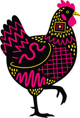 Decorative Vibrant Neon Black Tribal Hen Chicken Rooster Silhouette with Geometric Patterns Stickers