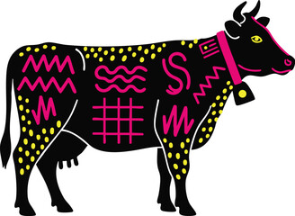 Decorative Vibrant Neon Black Tribal Cow Silhouette with Geometric Patterns Stickers