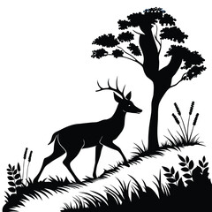 Deer silhouette on hill with forest tree and grasses vector illustration.