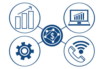 Business technology icon set with growth chart, analytics dashboard, gear, Wi-Fi phone and financial network. vector illustration