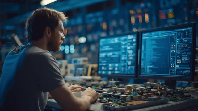 Electrical engineer using testing equipment on PCB boards, monitors displaying technical data, clean and organized lab interior