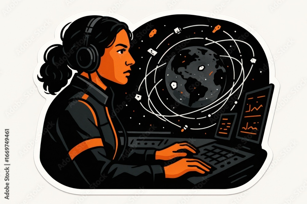 Poster female astronaut focused on complex data analysis in a futuristic workspace illuminated by vibrant g
