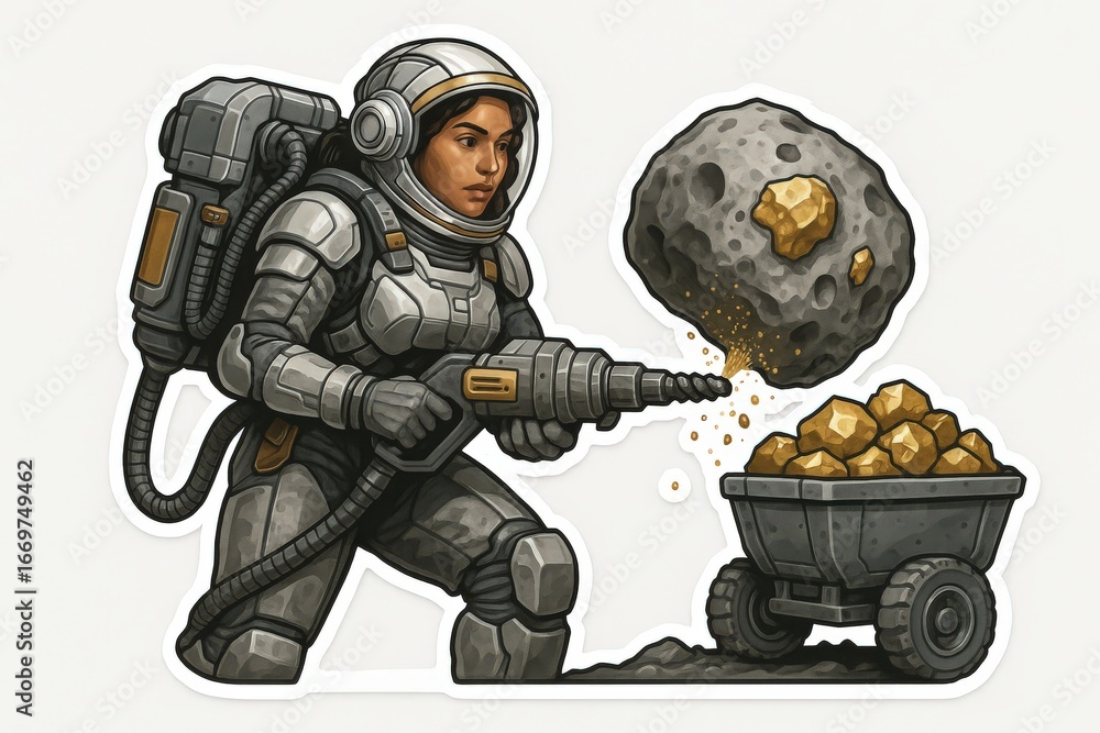 Aufkleber female astronaut operating advanced drilling equipment for resource extraction on an asteroid while 