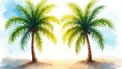 Obraz premium Watercolor painting shows two tropical palm trees on sunny beach. Sandy shore, blue sky background evoke peaceful vacation paradise. Green palm leaves, warm sunlight create vibrant, serene summer