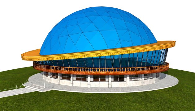 A round building with a blue dome and wooden balcony, situated on a grassy hill, showcasing architectural design and modern aesthetics.