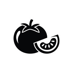 Simple black and white silhouette icon of a whole tomato with a slice