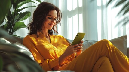 A happy young woman in a yellow outfit relaxes on a sofa in a sunlit living room, using a smartphone. This shot perfectly illustrates the concept of home comfort, digital leisure, and well-being in a 