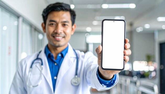 A male doctor is holding a cell phone in his hands, using a blank white mockup screen to demonstrate an ehealth mobile app for medical healthcare telemedicine advertisements and e telehealth online ap