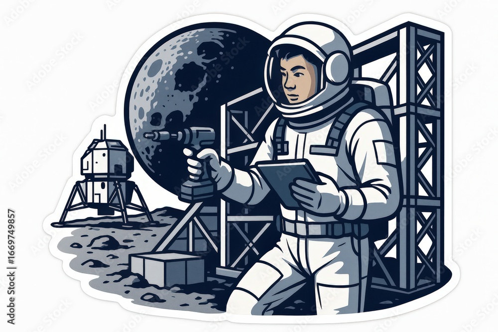 Poster astronaut conducting research with advanced tools on lunar surface near lunar module and moon in the
