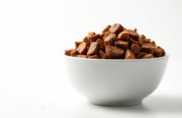 Fototapeta premium Close-up of roasted chicory root pieces in white bowl. Natural organic ingredient for healthy beverages, coffee alternative. Earthy brown color, rustic texture, culinary preparation.