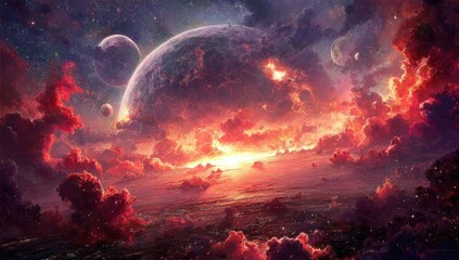 Fototapeta premium A vibrant, otherworldly landscape showcases fiery clouds, celestial bodies, and a breathtaking vista of a distant city, bathed in a dramatic sunset glow.