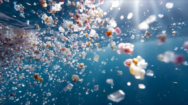 Pollution grows in sea, pollution grows in ocean, pollution grows underwater. Microplastic spreads spreads far, spreads fast. Waste rises, waste floats, waste clogs. Plastic world replaces natural one