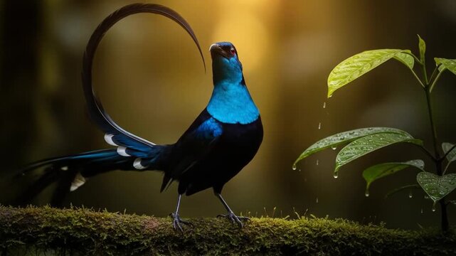 Sirindhorn bird-of-paradise displaying beautiful tail feathers, exotic bird in tropical forest