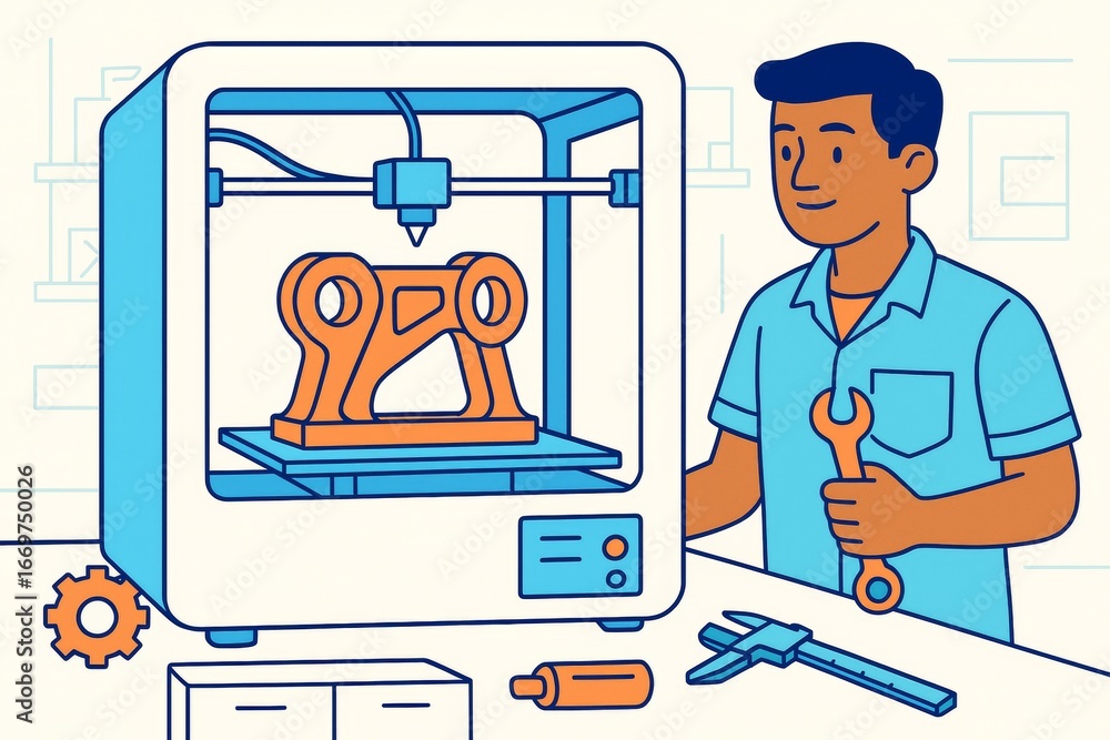 Poster technician operating 3d printer with mechanical part model inside, standing in workshop with tools o