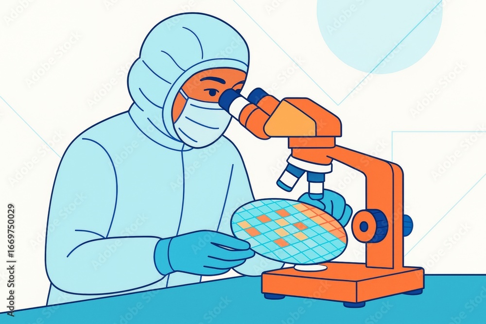 Poster scientist in protective suit examining semiconductor wafer under microscope in lab with light backgr