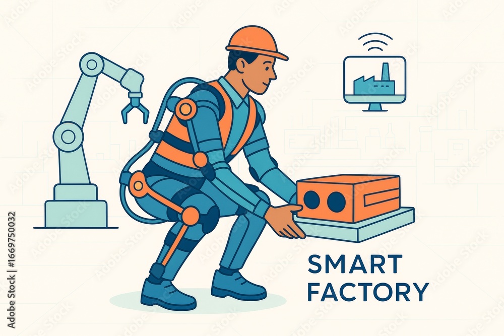 Poster smart factory concept with worker using robotic exosuit and robotic arm in high-tech environment on 