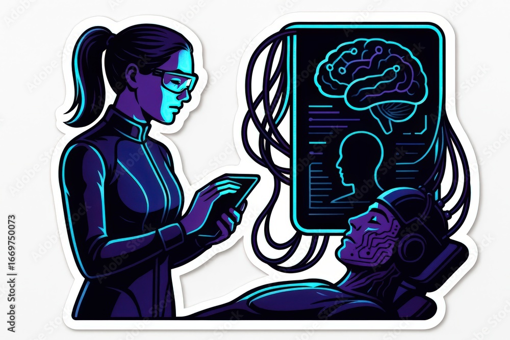 Aufkleber futuristic healthcare scenario showcasing a female scientist analyzing brain data on an advanced dig