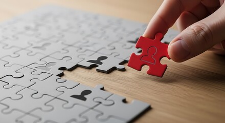 A hand places a red puzzle piece, depicting a person, into a grey puzzle, signifying the addition of a team member.