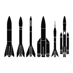 Collection of various black rocket silhouettes against a white background