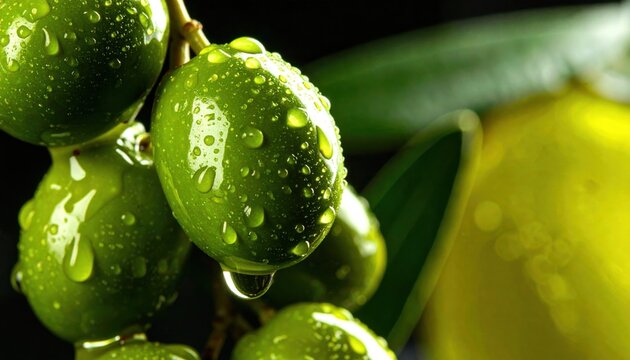 Close up olive cluster dripping oil detail widescreen with copy space right fresh fruit agriculture healthy food nutrition design advertising background