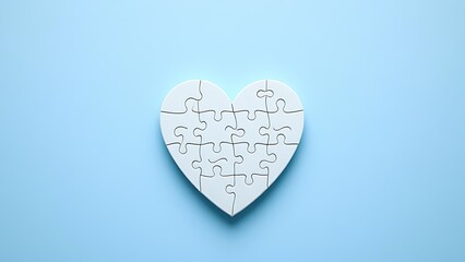 Heart-shaped puzzle on a light blue background, symbolizing autism awareness with soft overhead light.