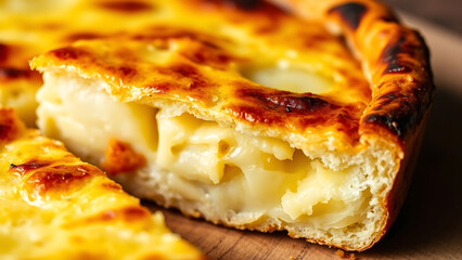 Delicious golden baked pie slice with creamy, gooey cheese filling on wood.