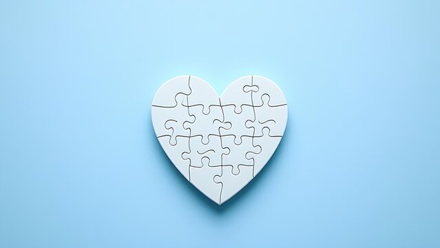 Heart-shaped puzzle on a light blue background, symbolizing autism awareness with soft overhead light.